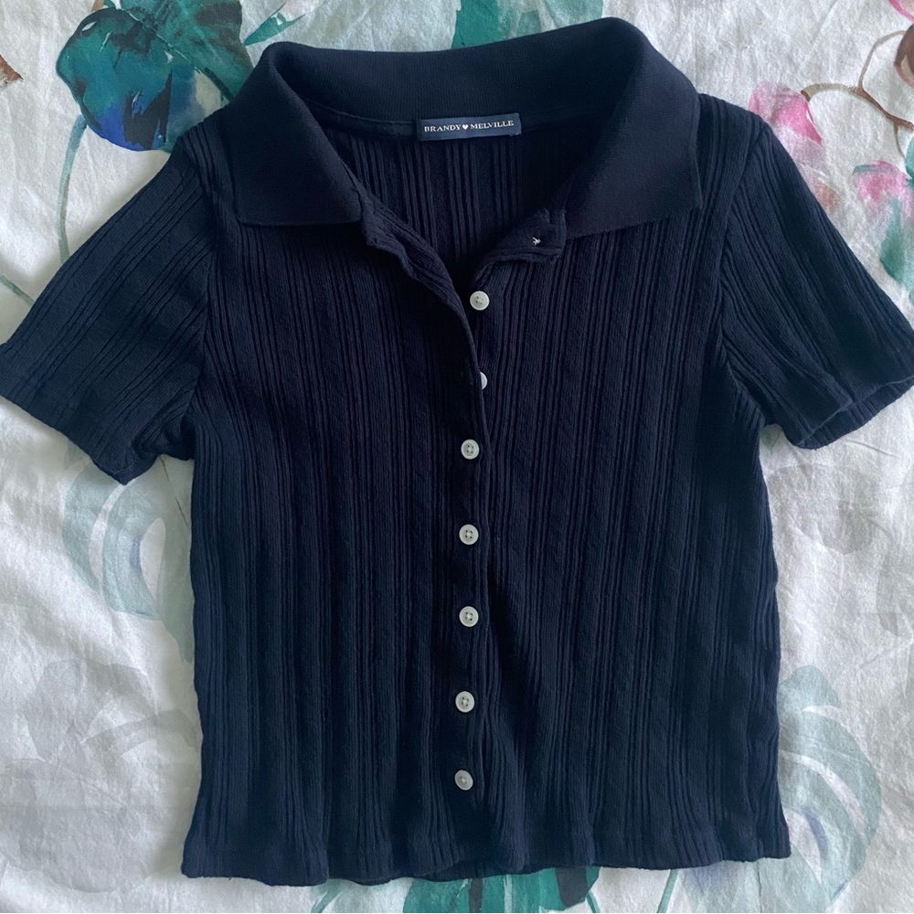Brandy Melville Black Ribbed Button-Front Polo